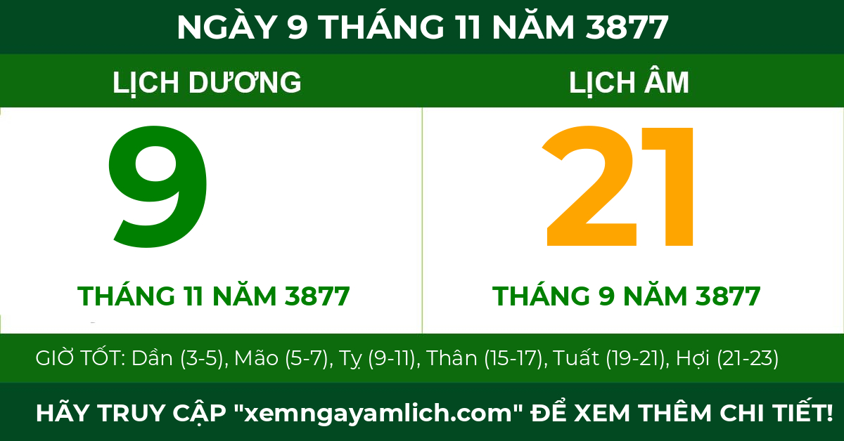 lịch âm ngày 9 tháng 11 năm 3877