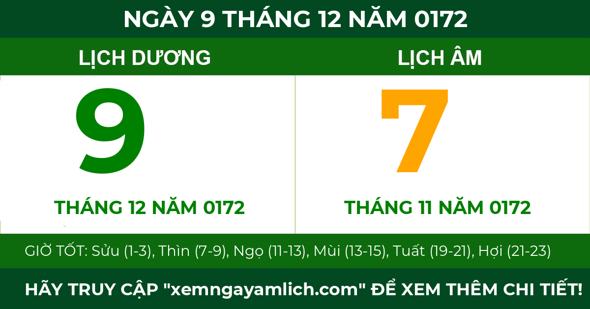 lịch âm ngày 9 tháng 12 năm 0172