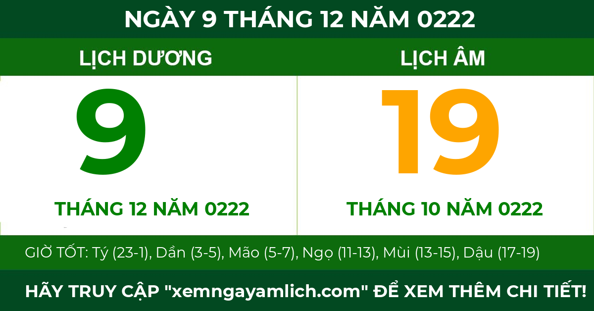 lịch âm ngày 9 tháng 12 năm 0222