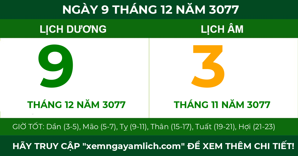 lịch âm ngày 9 tháng 12 năm 3077