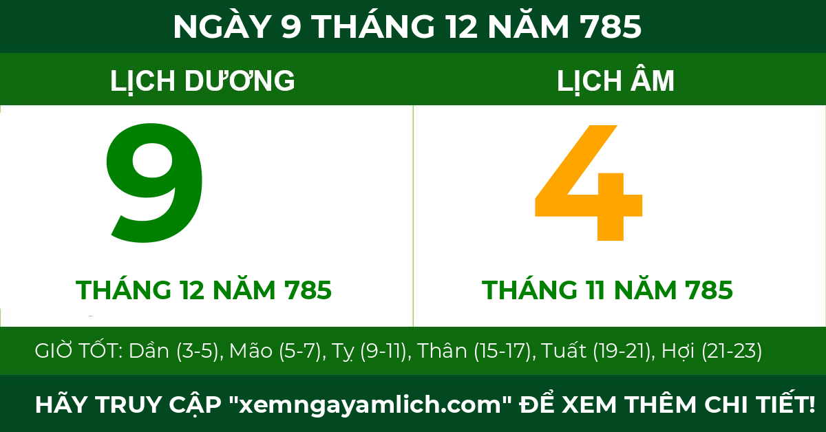 lịch âm ngày 9 tháng 12 năm 785