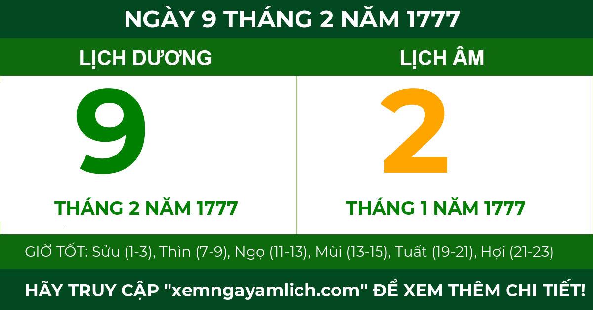lịch âm ngày 9 tháng 2 năm 1777