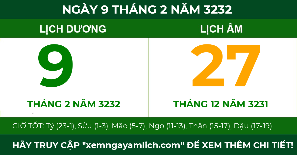 lịch âm ngày 9 tháng 2 năm 3232