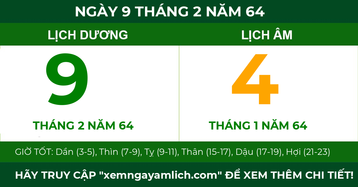 lịch âm ngày 9 tháng 2 năm 64