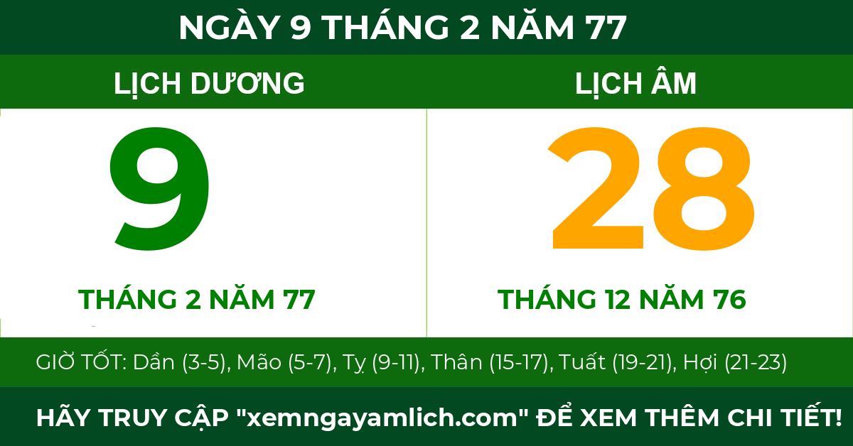 lịch âm ngày 9 tháng 2 năm 77