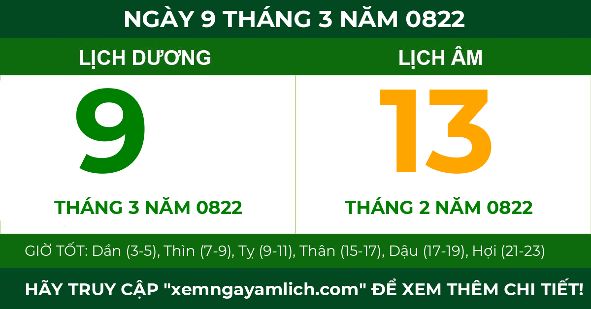 lịch âm ngày 9 tháng 3 năm 0822