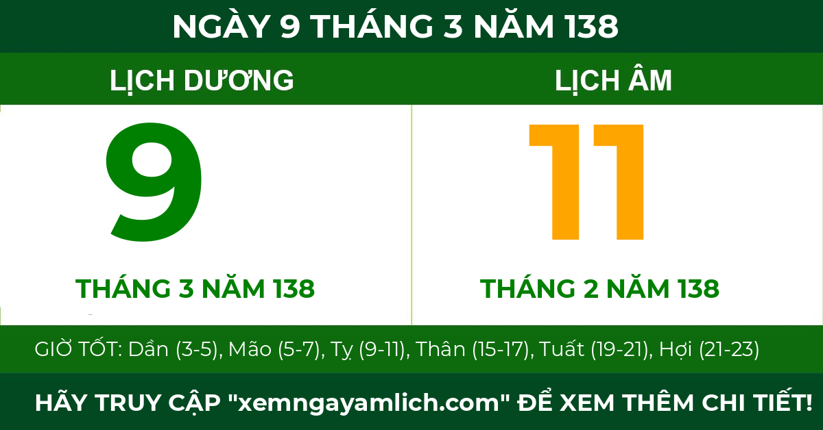 lịch âm ngày 9 tháng 3 năm 138