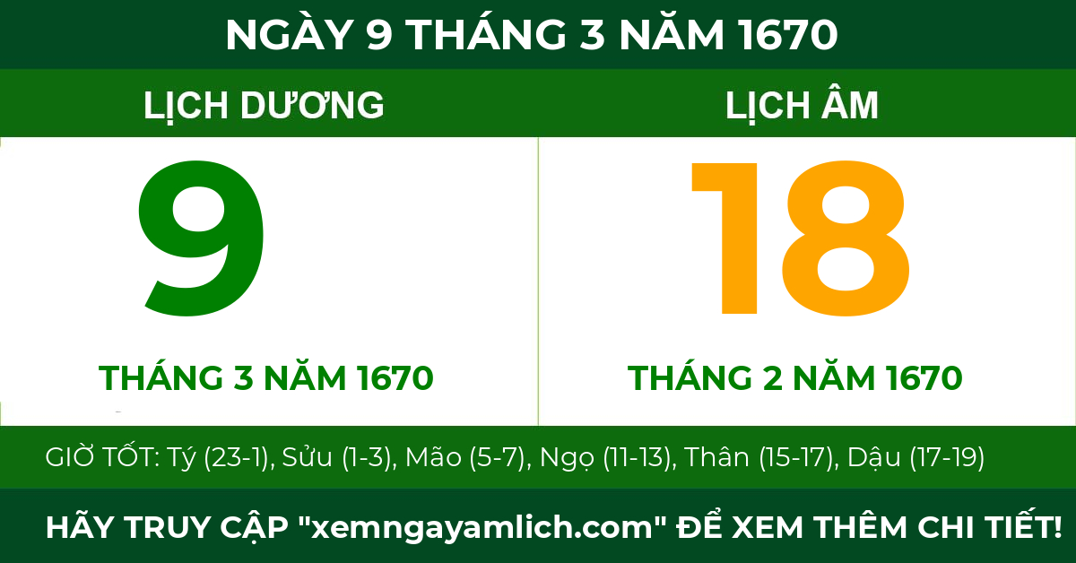 lịch âm ngày 9 tháng 3 năm 1670