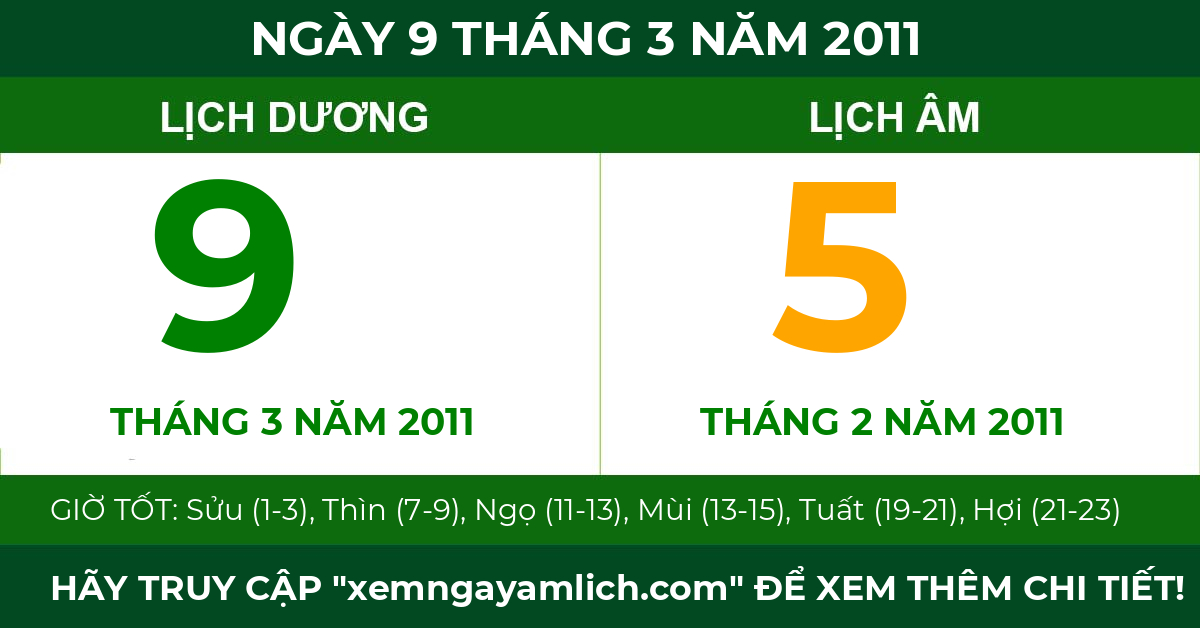 lịch âm ngày 9 tháng 3 năm 2011
