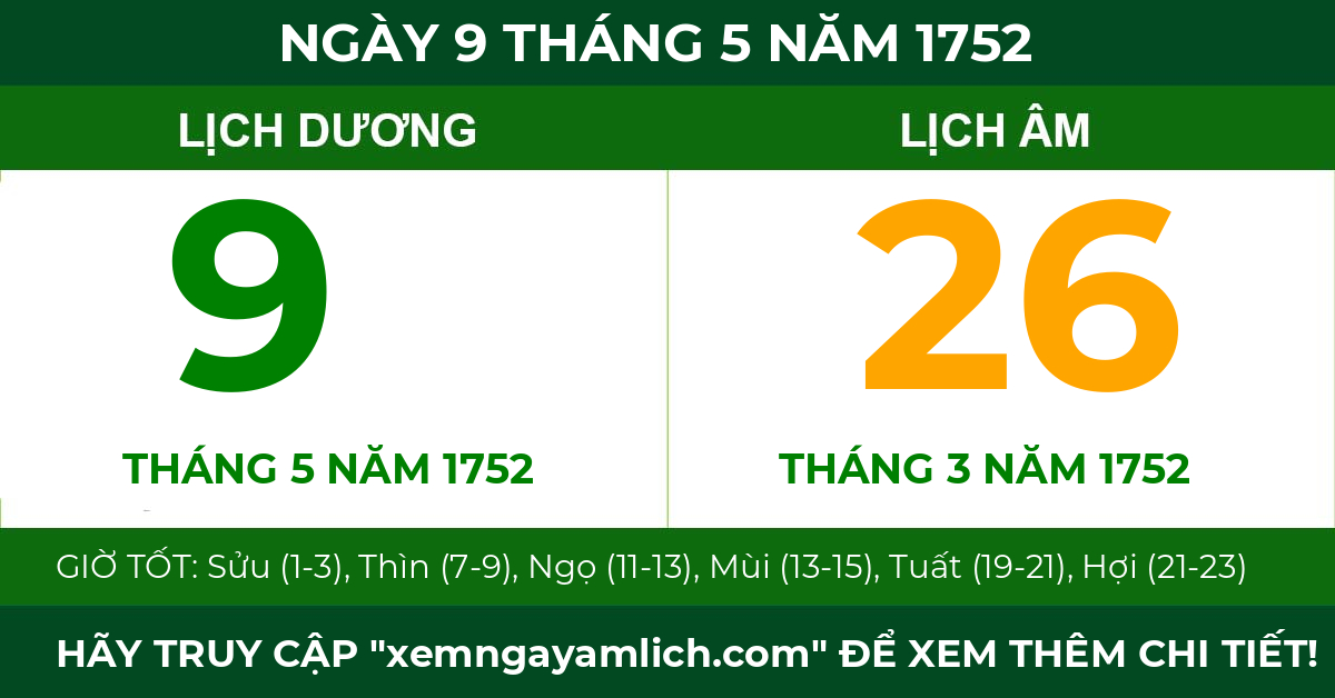 lịch âm ngày 9 tháng 5 năm 1752