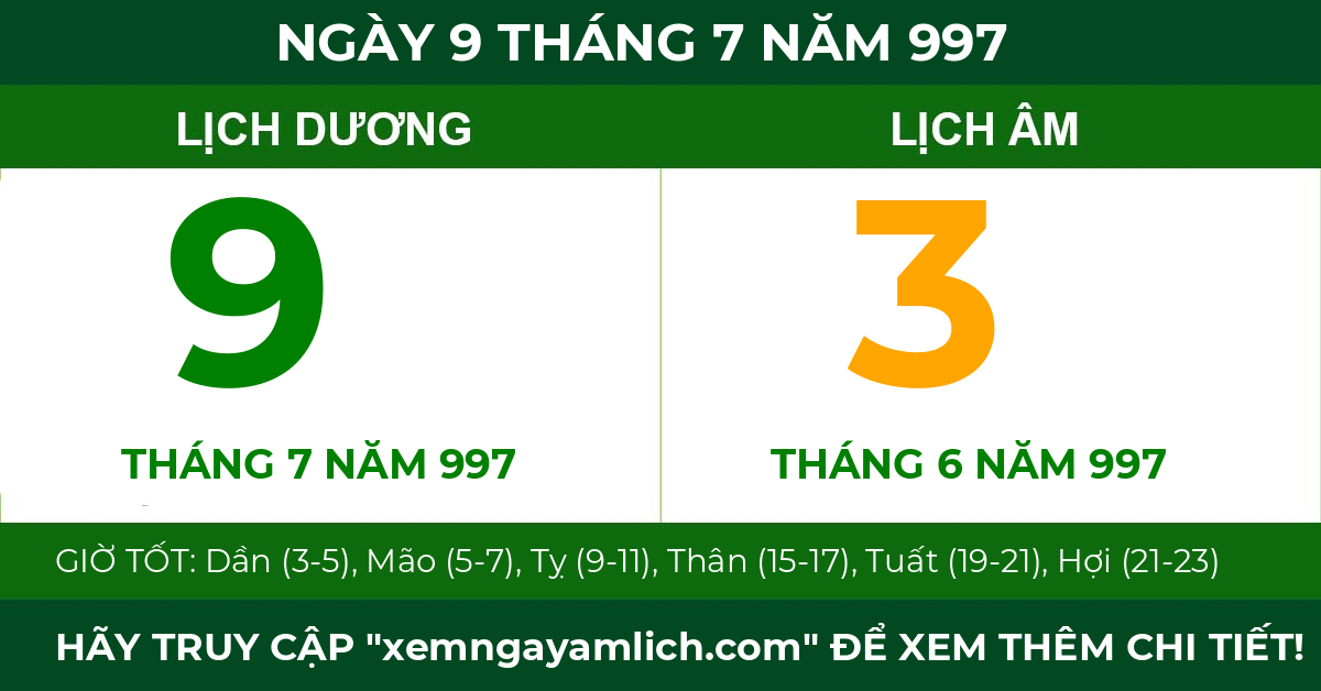 lịch âm ngày 9 tháng 7 năm 997